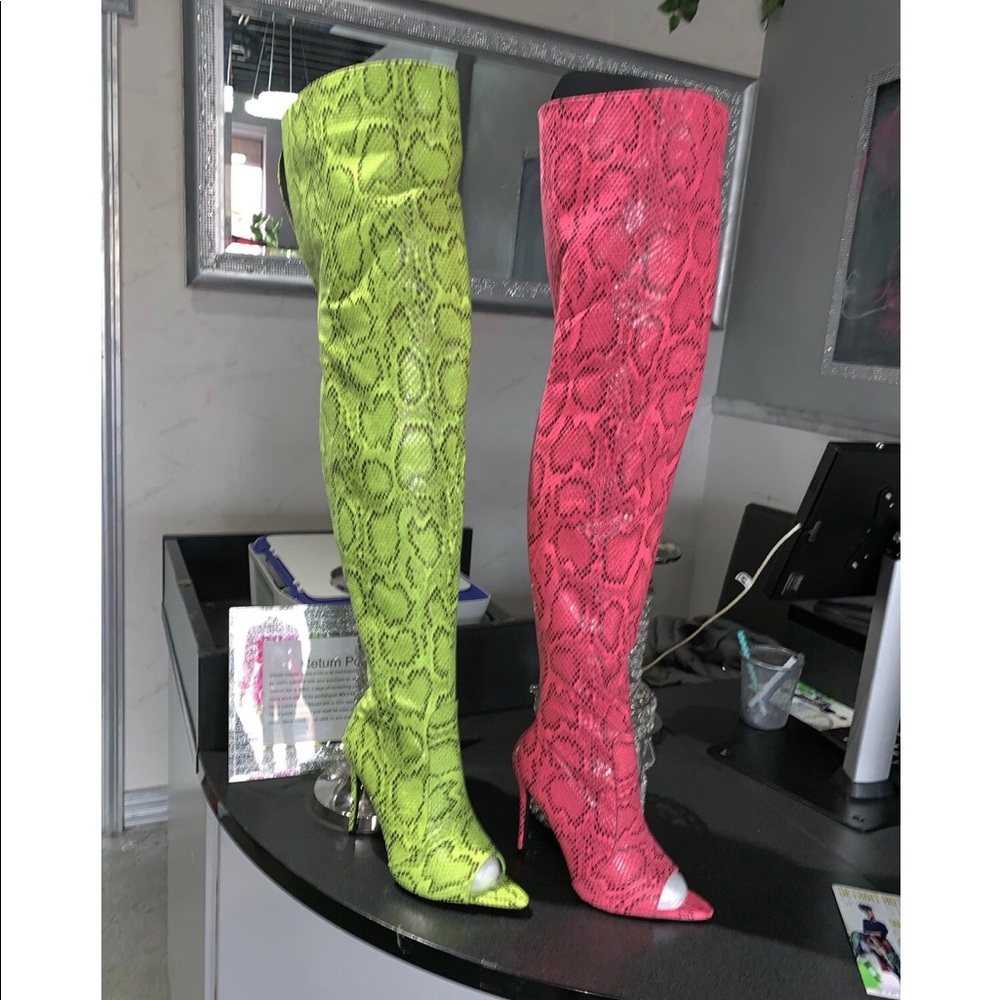 Pink Snakeskin Thigh boots